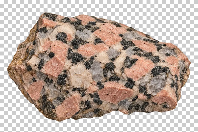 A rough granite fragment with pink feldspar, gray quartz and dark mica grains.