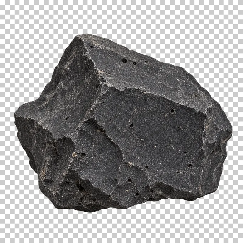 An angular charcoal basalt rock with fine-grained fracture surfaces and small pits.