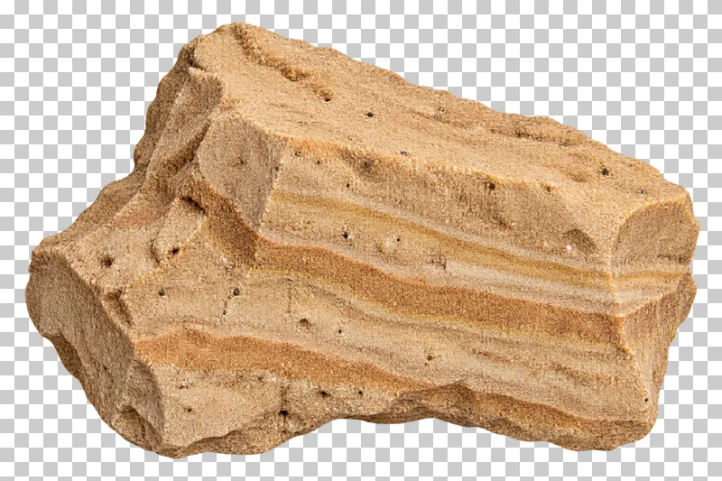 A tan sandstone fragment with visible grains and ochre sedimentary layers.