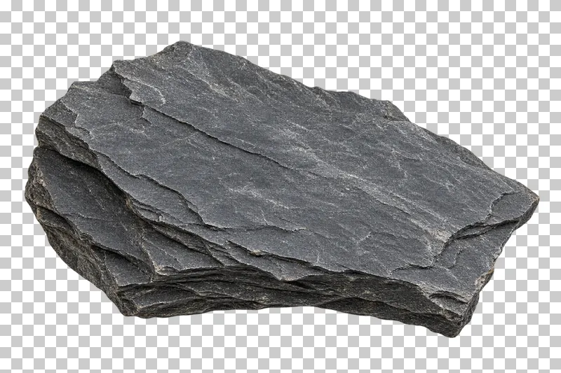 A flat dark gray slate fragment with thin cleavage layers and chipped edges.