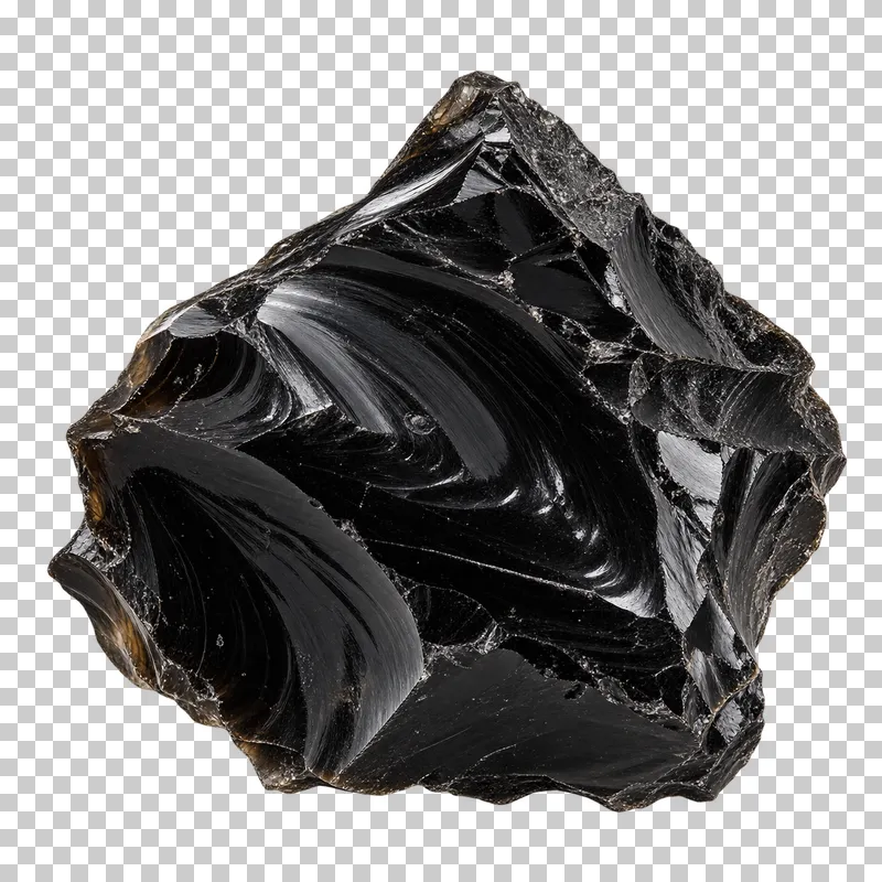 A black obsidian fragment with curved conchoidal fractures and glassy reflections.