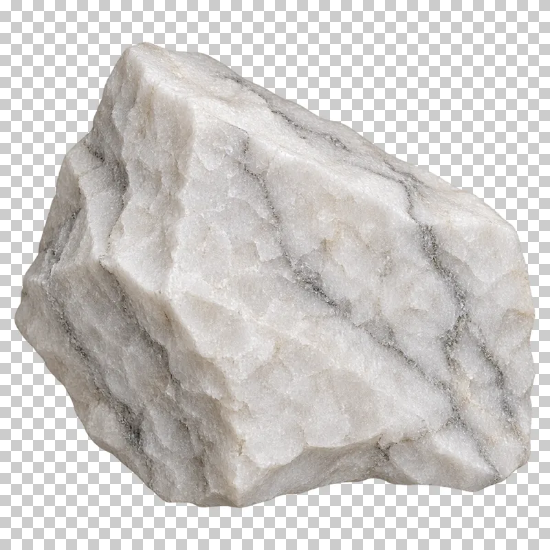 A rough white marble fragment with crystalline grains and faint gray veins.
