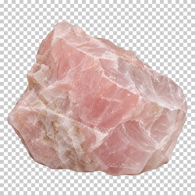 A pale pink rose quartz chunk with cloudy inclusions and irregular fractures.