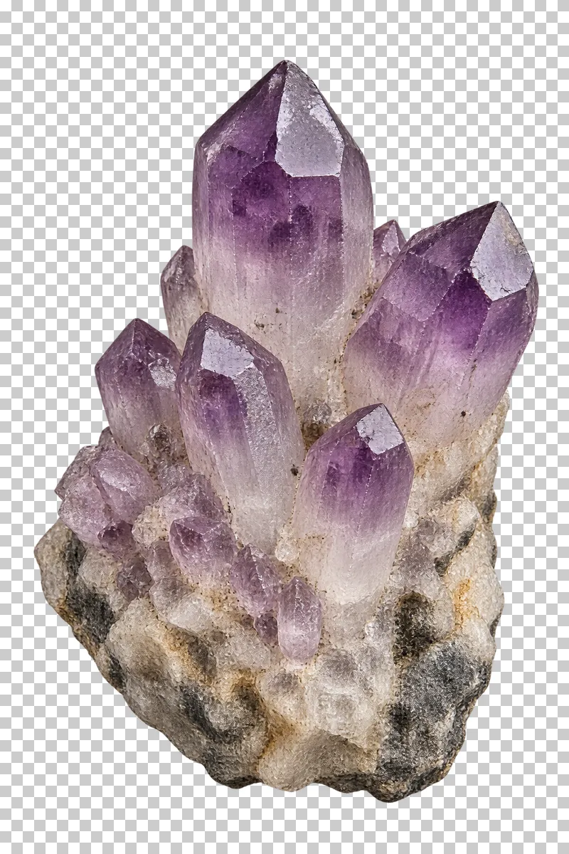 An upright amethyst cluster with uneven purple crystal points on a natural mineral matrix.
