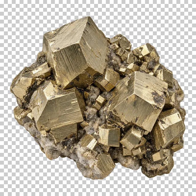 A brass-gold pyrite cluster with intergrown cubic crystals and striated faces.
