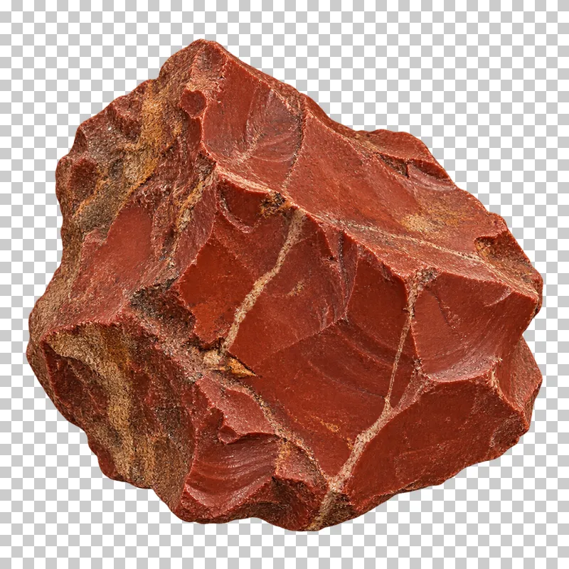 A brick-red jasper chunk with ochre inclusions and thin pale veins.