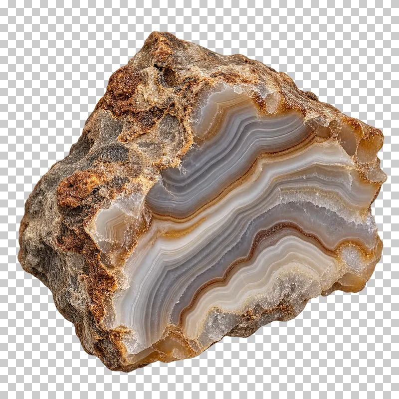 A rough agate fragment with gray, cream and brown chalcedony bands and a weathered rind.