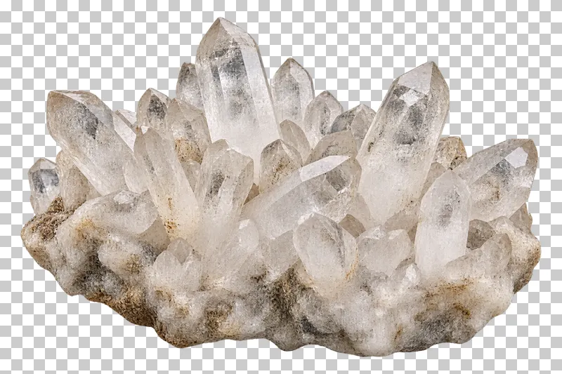 A broad clear quartz cluster with uneven crystal points, cloudy bases and internal fractures.