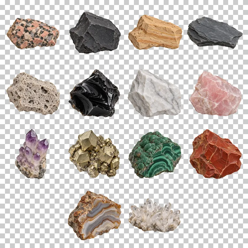 Rocks and Minerals Photo PNG Collection: all 14 elements in one grid