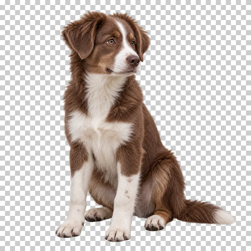 Medium-size mixed-breed puppy, fluffy chocolate-and-white coat, soft floppy ears, proportionate youthful muzzle. Sitting frontally, gaze right.