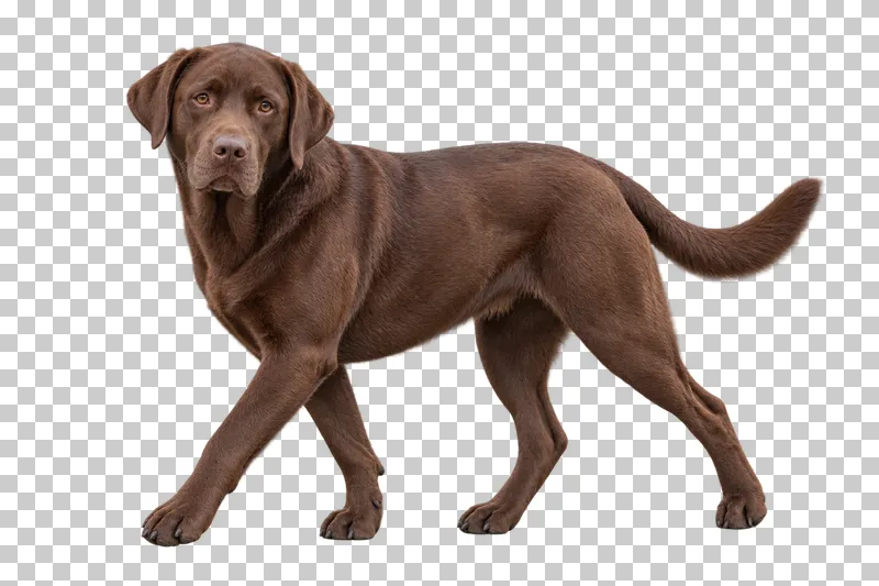 Large adult Labrador Retriever, short chocolate coat, dropped ears, broad muzzle. Calm walk left, gaze toward camera.