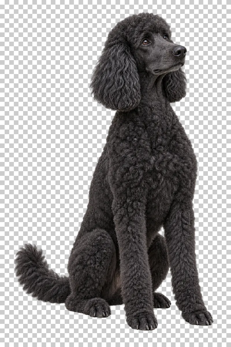 Large adult Standard Poodle, black curly coat in a natural even trim, floppy ears, long muzzle, undocked tail. Sitting tall in three-quarter right view, gaze upward right.