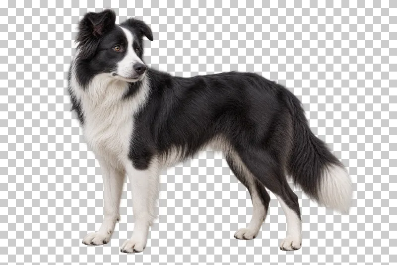 Medium adult Border Collie, long black-and-white coat, semi-pricked ears, tapered muzzle. Standing facing left, looking back over right shoulder.