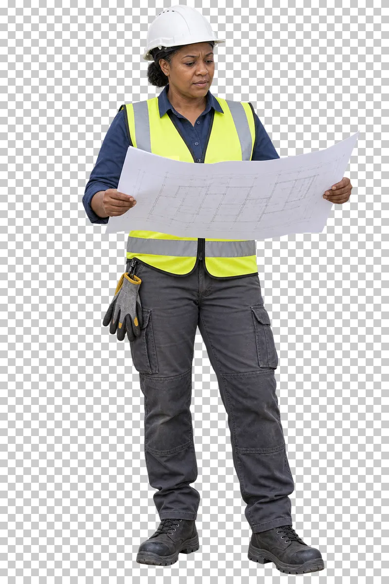 A female construction site manager in a white hard hat and yellow safety vest holding an unfolded plan.