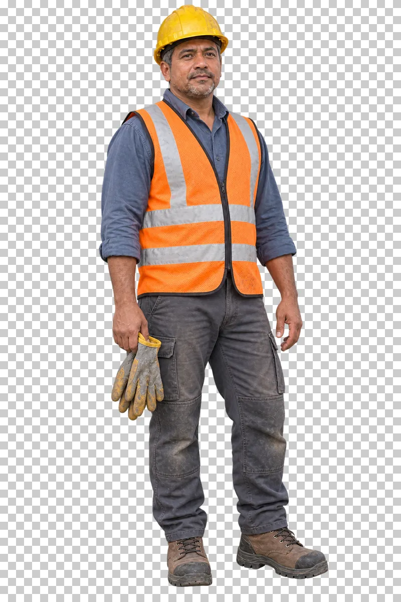 A male construction worker in an orange safety vest standing casually with work gloves in one hand.