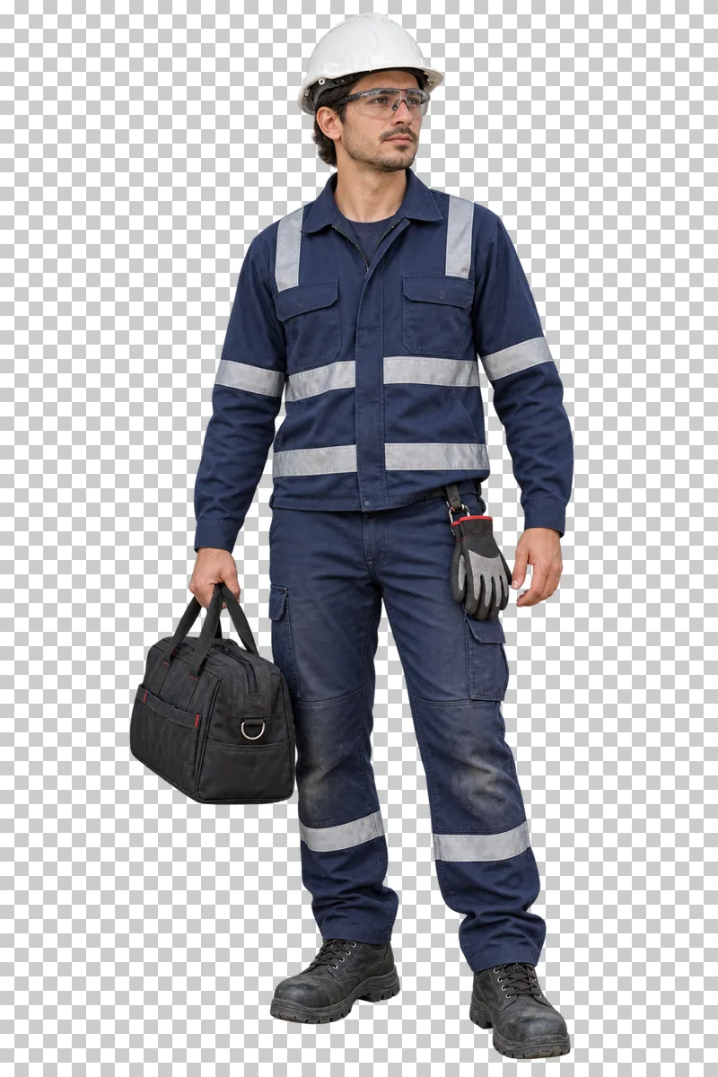 A young male electrician in navy reflective workwear carrying a closed black tool bag.
