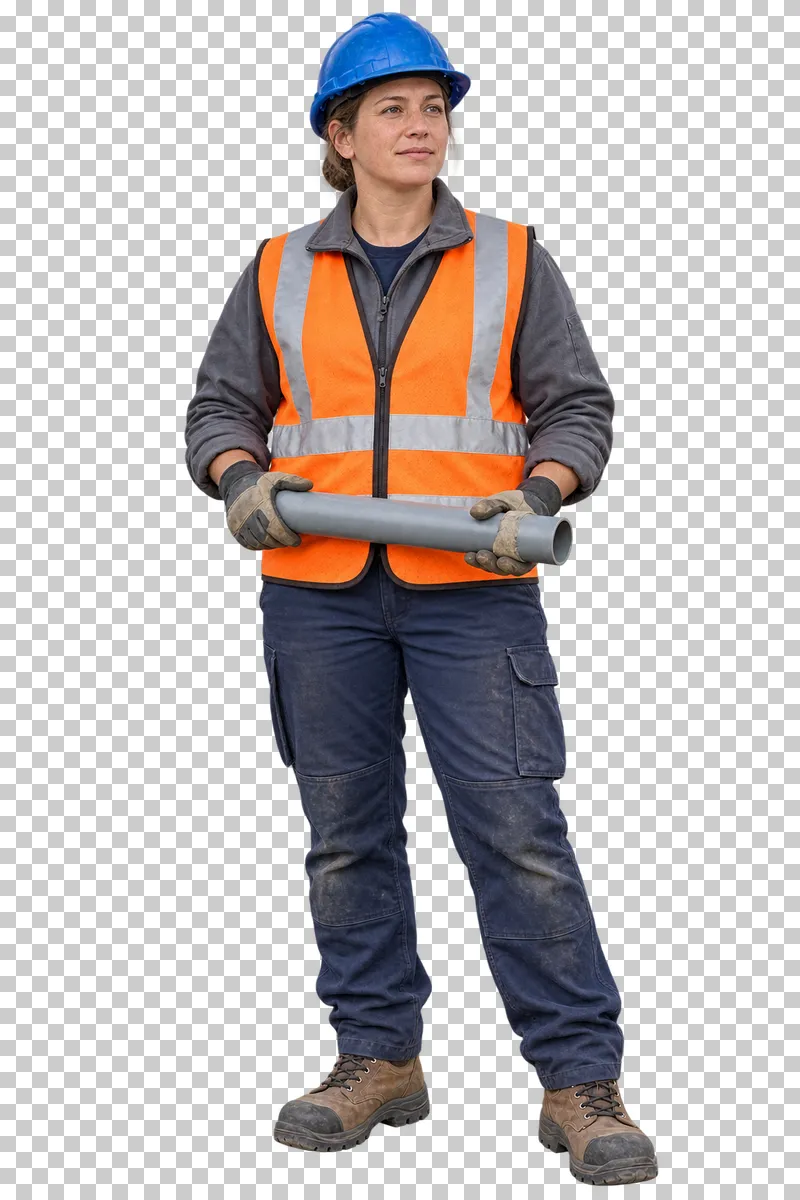 A female plumber in a blue hard hat and orange safety vest holding a short gray pipe.