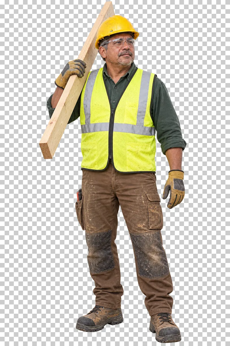 A male carpenter wearing safety glasses and a yellow vest carrying a wooden board on his shoulder.