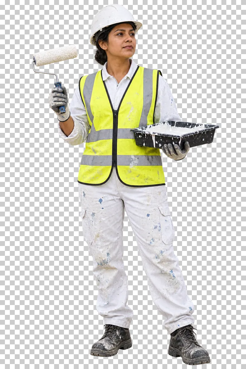 A female painter in white workwear holding a paint roller and a tray.