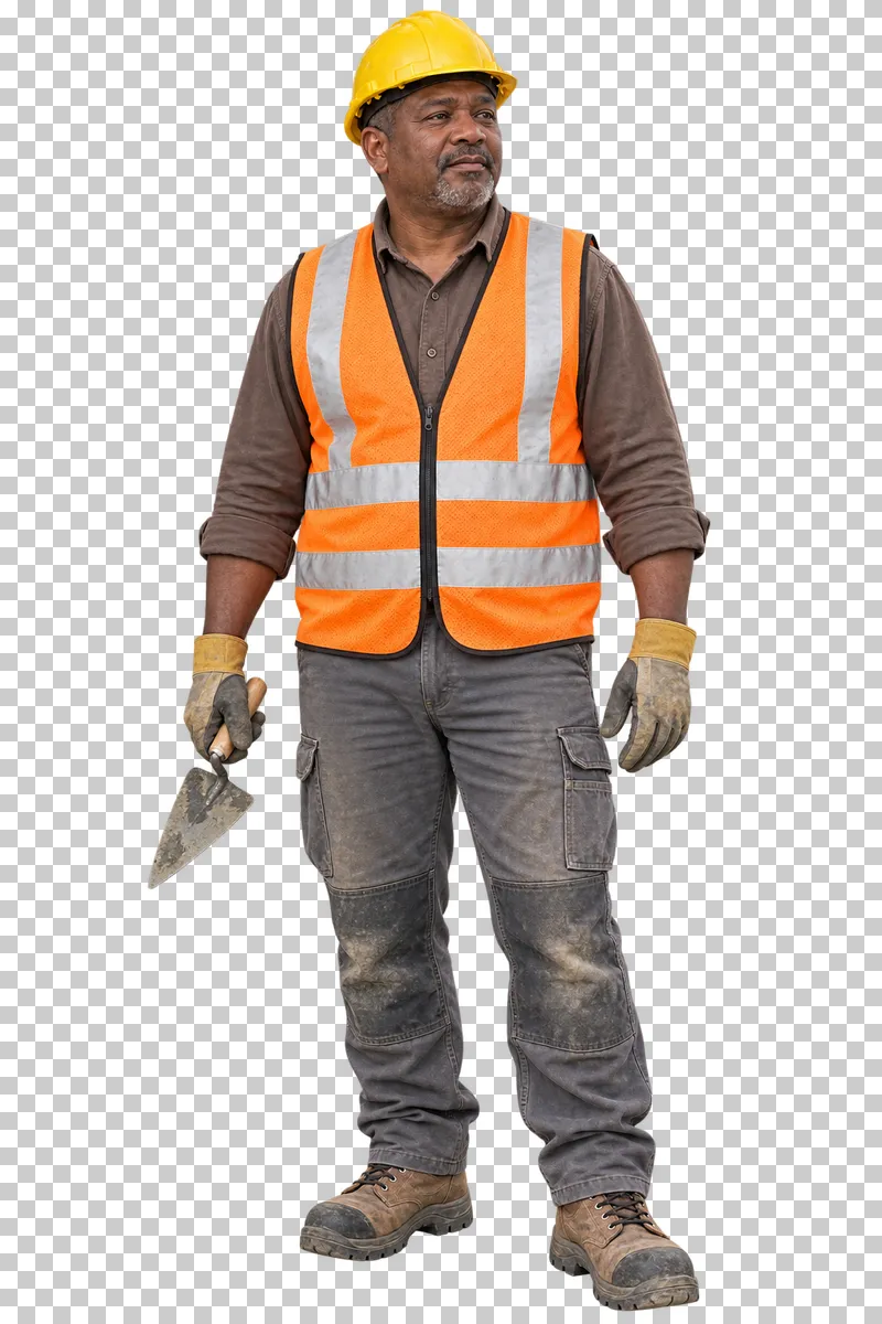 A male mason in a yellow hard hat and orange safety vest holding a trowel.