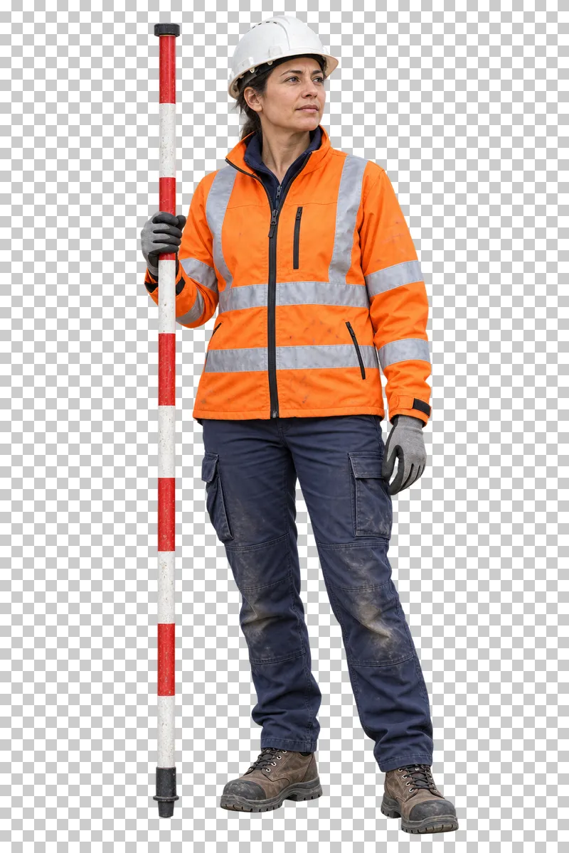 A female surveyor in an orange reflective jacket holding a red and white survey pole.