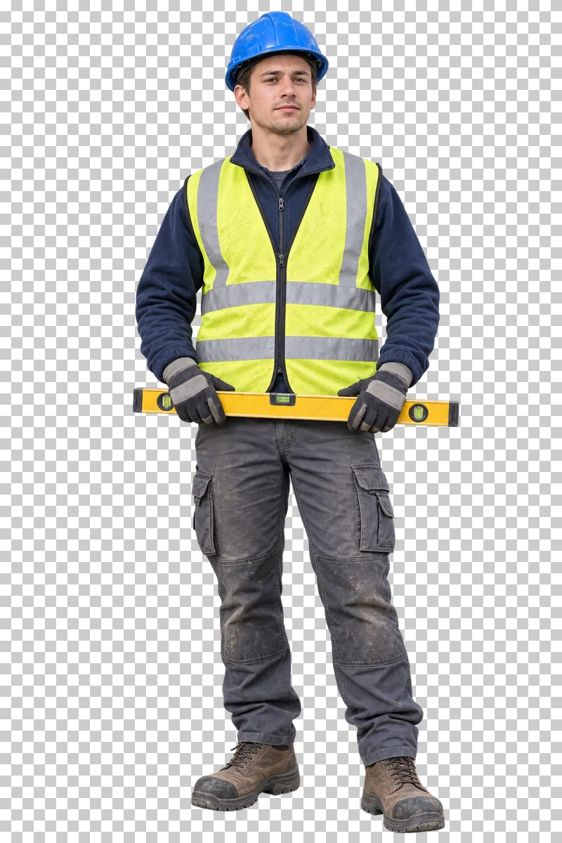 A young male installer in a blue hard hat holding a yellow spirit level.