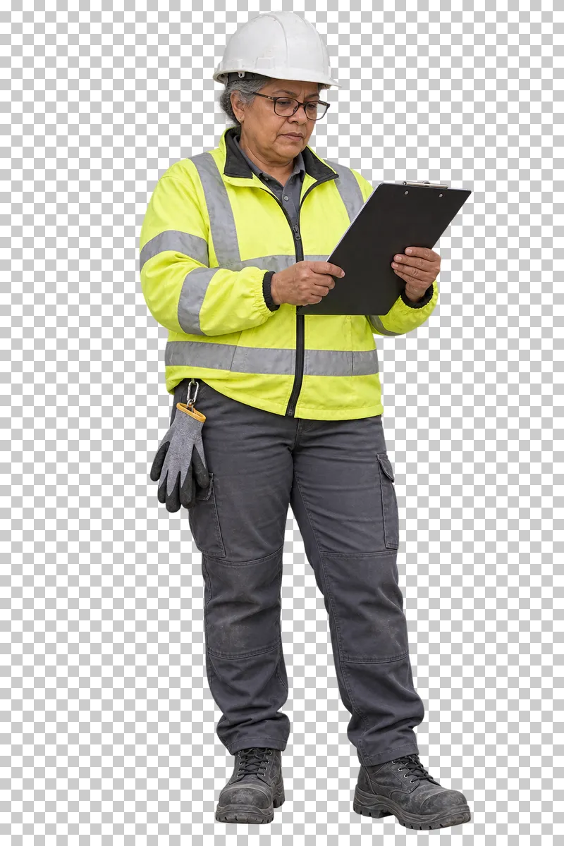 An older female inspector in a white hard hat and yellow jacket reading a clipboard.