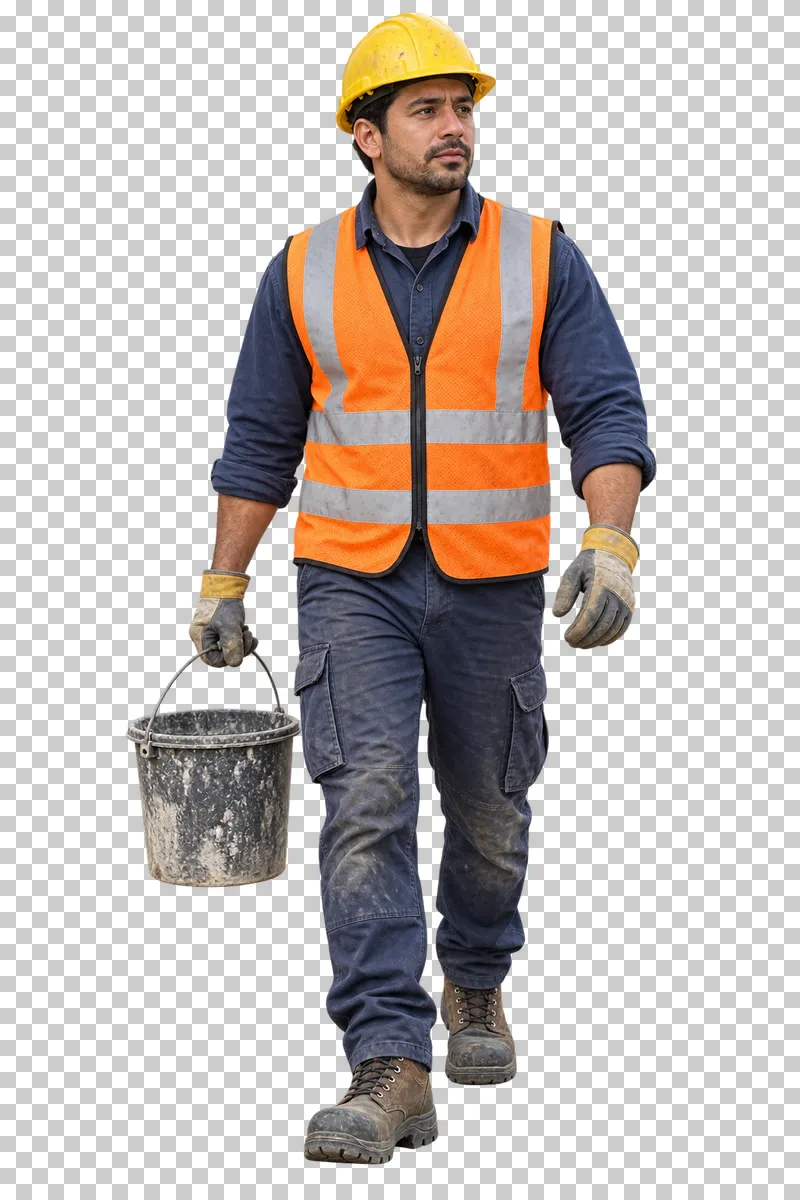 A male construction worker in an orange safety vest walking with a utility bucket.