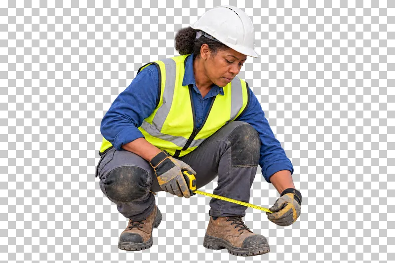 A female construction worker crouching with a tape measure and looking at its extended end.