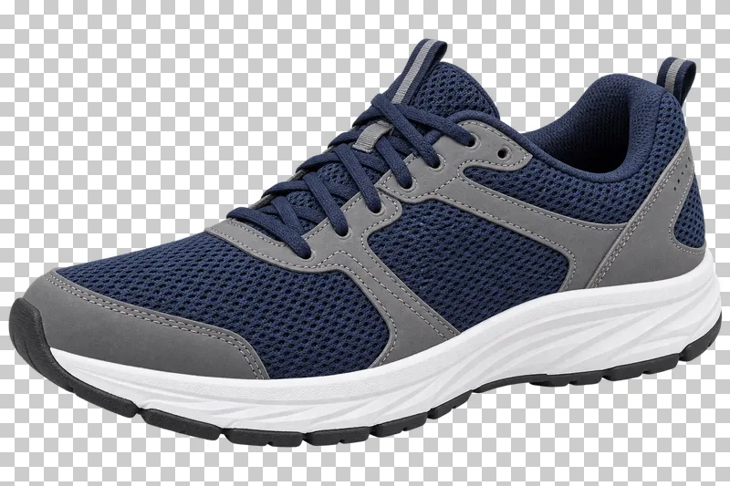 A navy mesh right running shoe with gray reinforcements and a white foam midsole, pointing left.