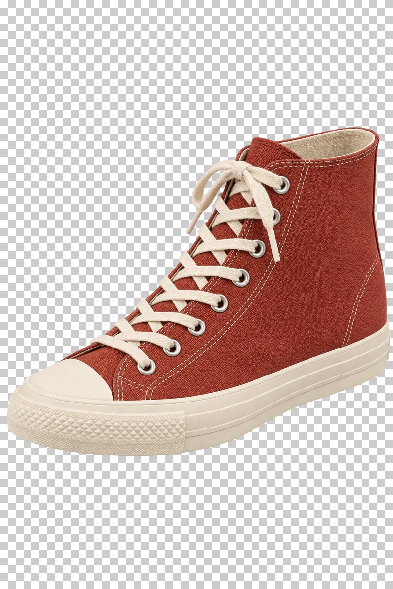 A brick-red canvas right high-top sneaker with cream laces and rubber toe cap, pointing left.