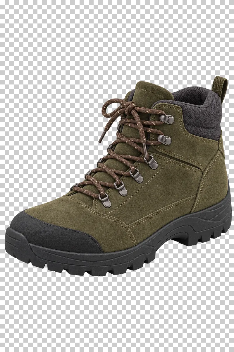 An olive suede right hiking boot with metal lace hooks, charcoal padding and a black lugged sole, pointing left.