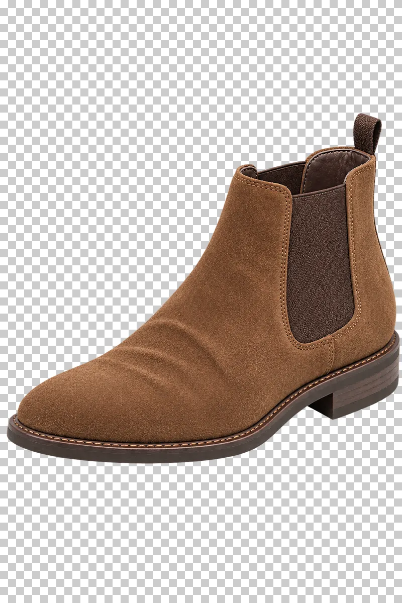A brown suede right Chelsea boot with a dark elastic side panel and low stacked heel, pointing left.