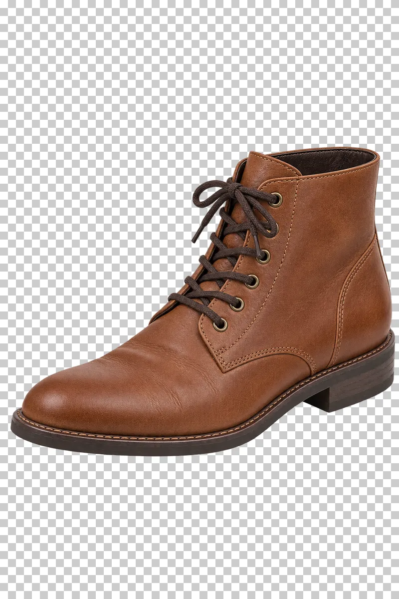A cognac leather right lace-up ankle boot with dark brown laces and a low stacked heel, pointing left.