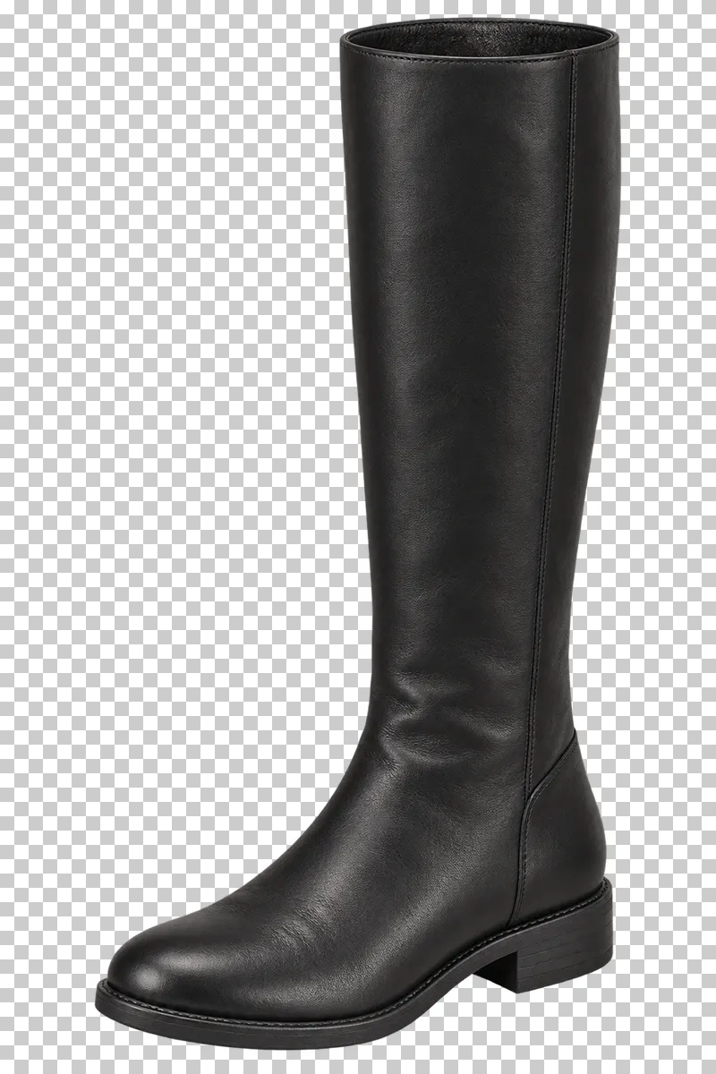 A black leather right knee-high boot with subtle ankle creases and a low block heel, pointing left.