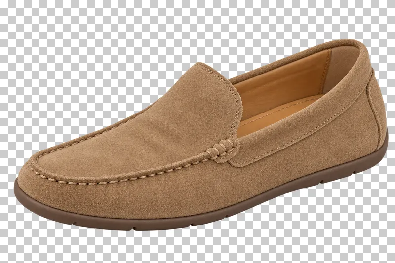 A sand-colored suede right moccasin with an apron seam and a brown rubber sole, pointing left.