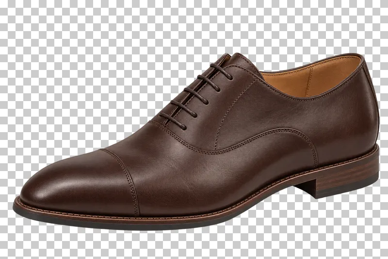 A dark brown leather right Oxford with closed lacing, a cap toe and a low stacked heel, pointing left.