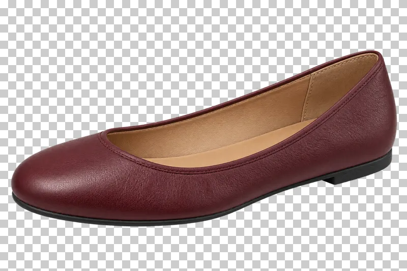 A burgundy leather right ballet flat with tan lining and a thin black sole, pointing left.