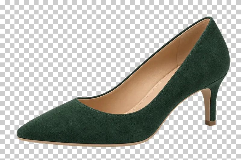 A forest-green suede right pump with tan lining, a slim heel and a beige sole, pointing left.
