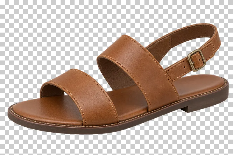 A caramel leather right sandal with two broad front straps and a buckled heel strap, pointing left.