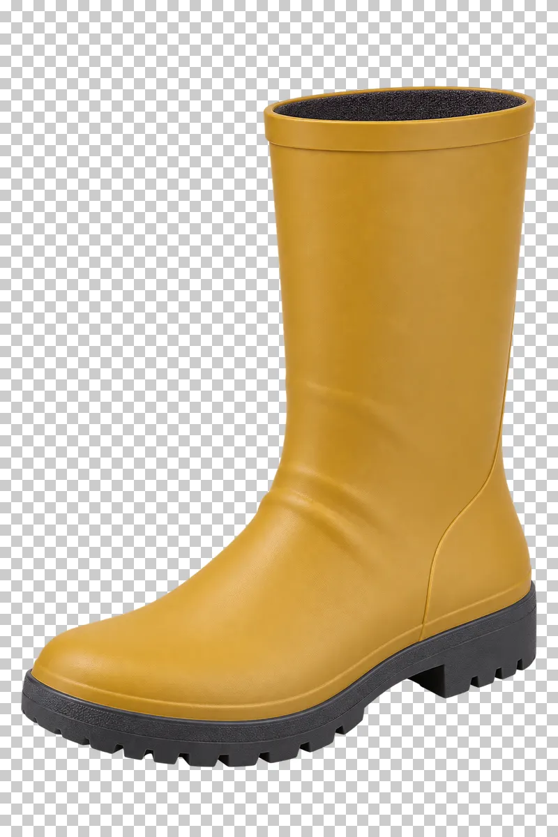 A mustard-yellow rubber right rain boot with dark lining and a charcoal lugged sole, pointing left.