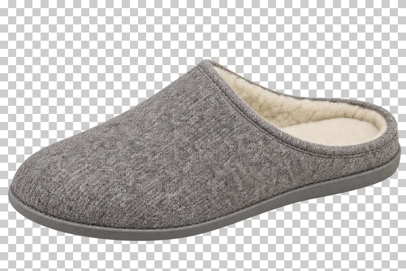 A heather-gray wool right house slipper with cream lining and a thin gray rubber sole, pointing left.