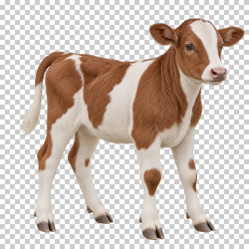 A brown-and-white calf standing in a three-quarter view.