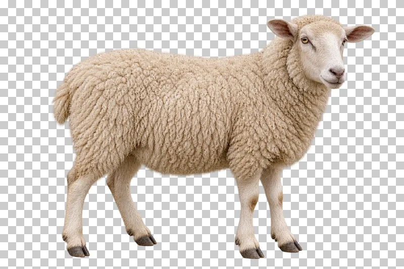 A cream sheep with dense curly wool standing and looking toward the viewer.