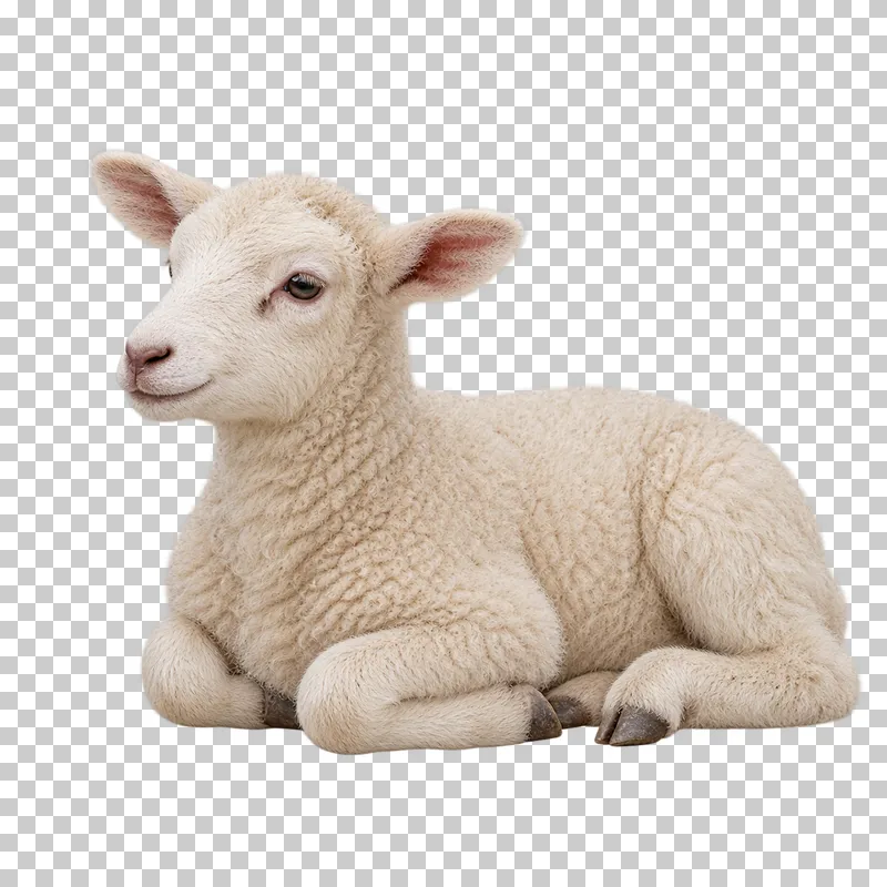 A cream lamb resting with its legs naturally folded beneath its body.