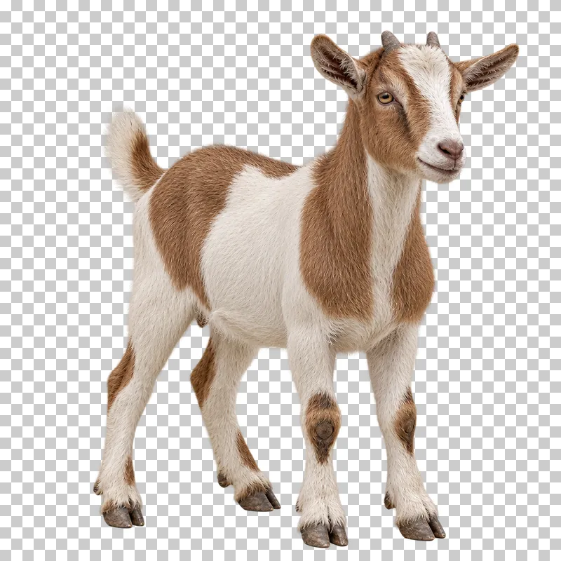 A brown-and-white goat kid standing with small horn buds and upright ears.