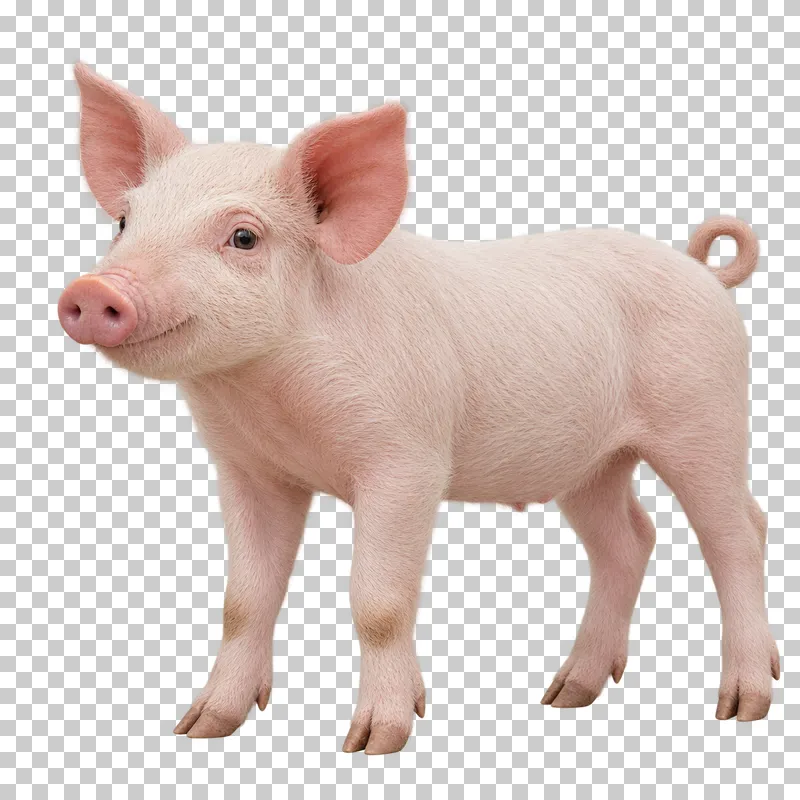 A pink piglet standing with pointed ears and a curled tail.