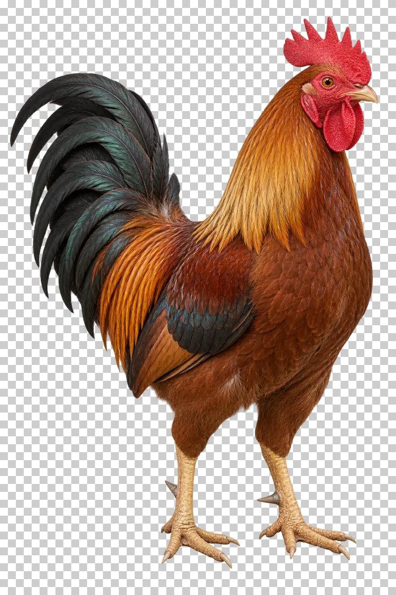 A golden and russet rooster standing with a red comb and curved dark tail feathers.