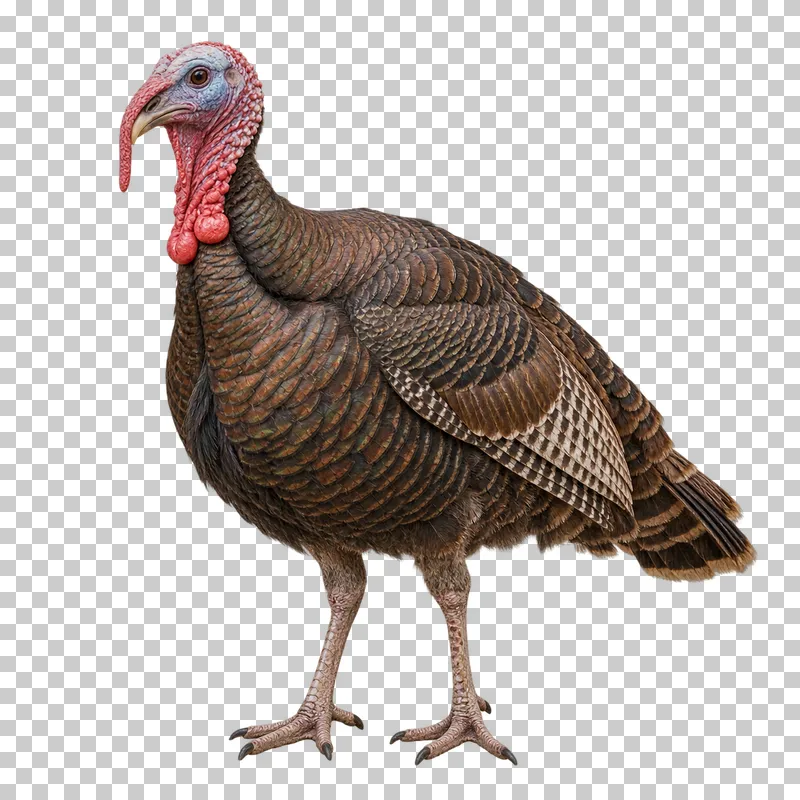 A bronze turkey standing with folded tail feathers and a red-and-blue head.