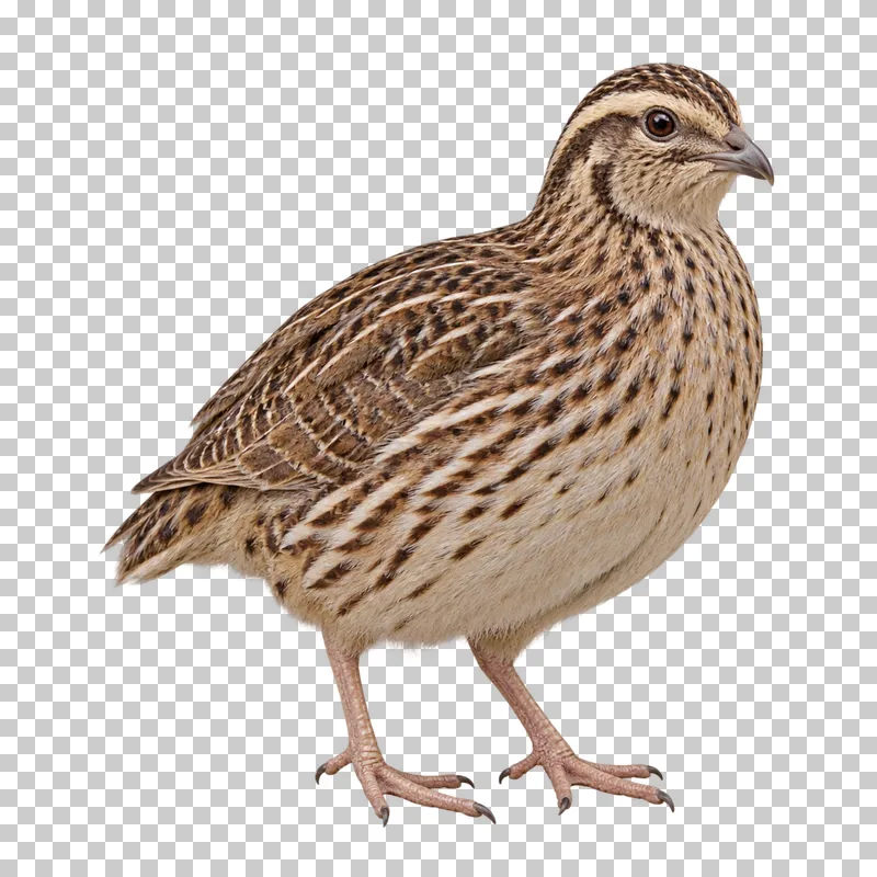 A brown and buff quail standing with mottled plumage and slender legs.